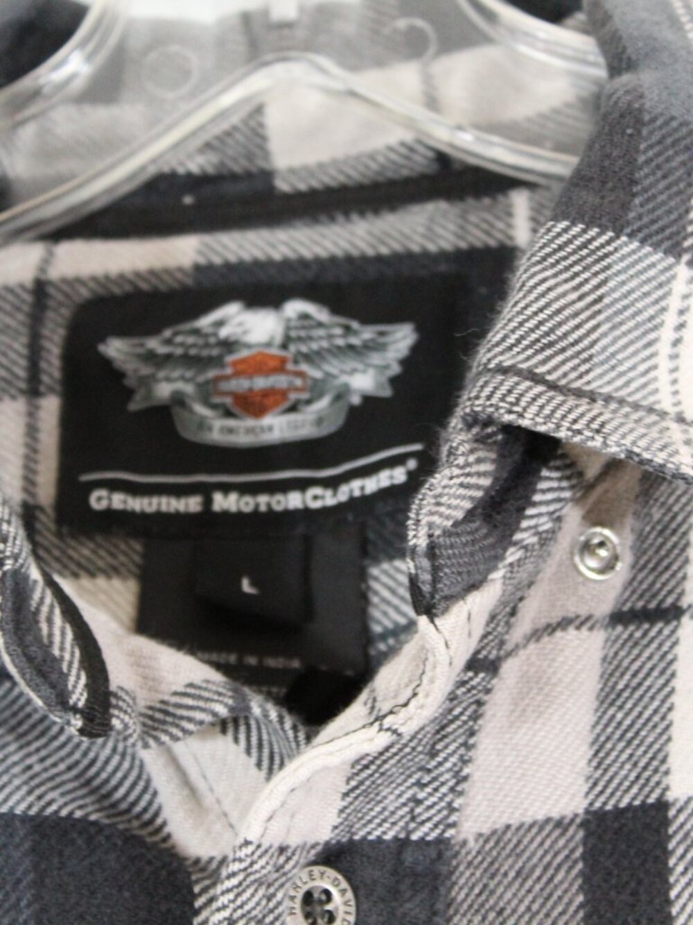 Harley-Davidson Plaid Flannel Shirt L Black White‎ Logo Button Up - Picture 9 of 12